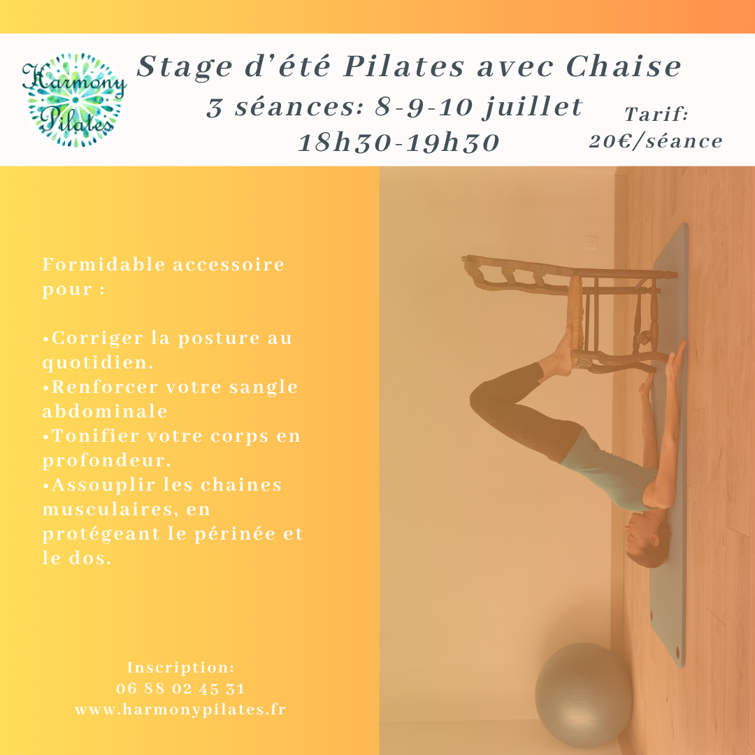 👉 Stage d'Eté Pilates avec Chaise 🌞
3 séances progressives: 8,9 et 10 juillet de 18h30 à 19h30.
Tarif: 20€/séance.
Ouvert à tous, que vous soyez débutant en Pilates ou confirmé.
🌷Un stage sur 3 séances progressives pour découvrir comment s’exercer à la maison avec une simple chaise.
Formidable accessoire pour votre bien être, vous muscler, vous étirer et vous relaxer à condition de bien s’en servir!
Découvrez comment l’utiliser pour :
🌼Corriger la posture au quotidien.
🌼Renforcer votre sangle abdominale tout en protégeant le périnée et le dos.
🌼Tonifier votre corps en profondeur.
🌼Assouplir les chaines musculaires.
🌼Vous relaxer.
👉 Inscriptions:
https://harmonypilates.fr/
06 88 02 45 31
Studio Harmony Pilates
277 Chemin du Verger
83500 La Seyne Sur Mer
Stage d'Eté Pilates avec Chaise 3 séances progressives: 8,9 et 10 juillet de 18h30 à 19h30. Tarif: 20€/séance. Ouvert à tous, que vous soyez débutant en Pilates ou confirmé. Un stage sur 3 séances progressives pour découvrir comment s’exercer à la maison avec une simple chaise. Formidable accessoire pour votre bien être, vous muscler, vous étirer et vous relaxer à condition de bien s’en servir! Découvrez comment l’utiliser pour : 🌼Corriger la posture au quotidien. 🌼Renforcer votre sangle abdominale tout en protégeant le périnée et le dos. 🌼Tonifier votre corps en profondeur. 🌼Assouplir les chaines musculaires. Vous relaxer. Inscriptions au 06 88 02 45 31 Studio Harmony Pilates 277 Chemin du Verger 83500 La Seyne Sur Mer